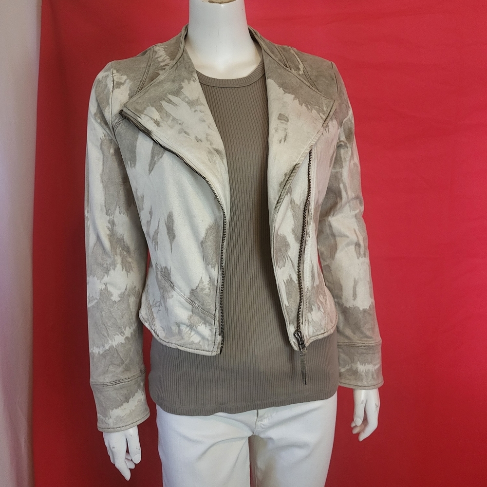 Anthropology- Marrakech - tie dye paint look moto jacket in toupe grey and cream